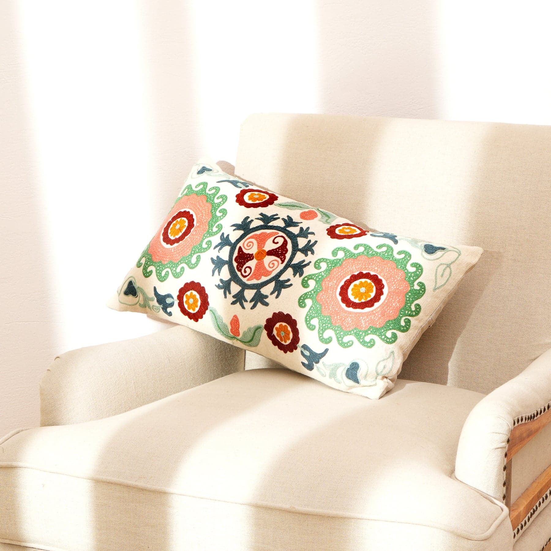Cotton Floral Aari Embroidered Lumbar Cushion - 35 x 60 cm 60x60x35 cm ivory