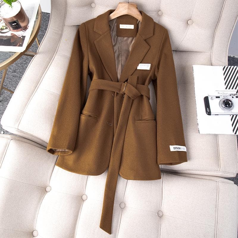 Woolen Coat Blazer Women's Autumn and Winter New Korean Style Slim White Suit Women's Top with Belt L brown