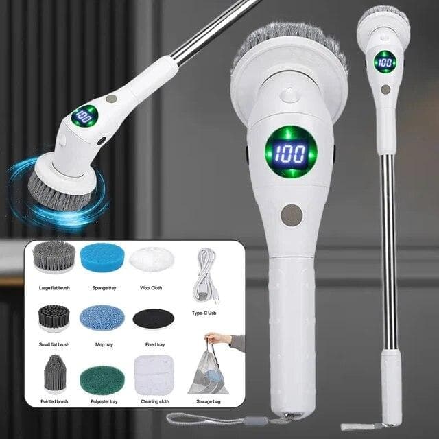 New Electric Cleaning Brush Bathroom Kitchen Brush Cleaning 8-in-1 Multifunctional With LED NightLight Rotatable Household Brush white