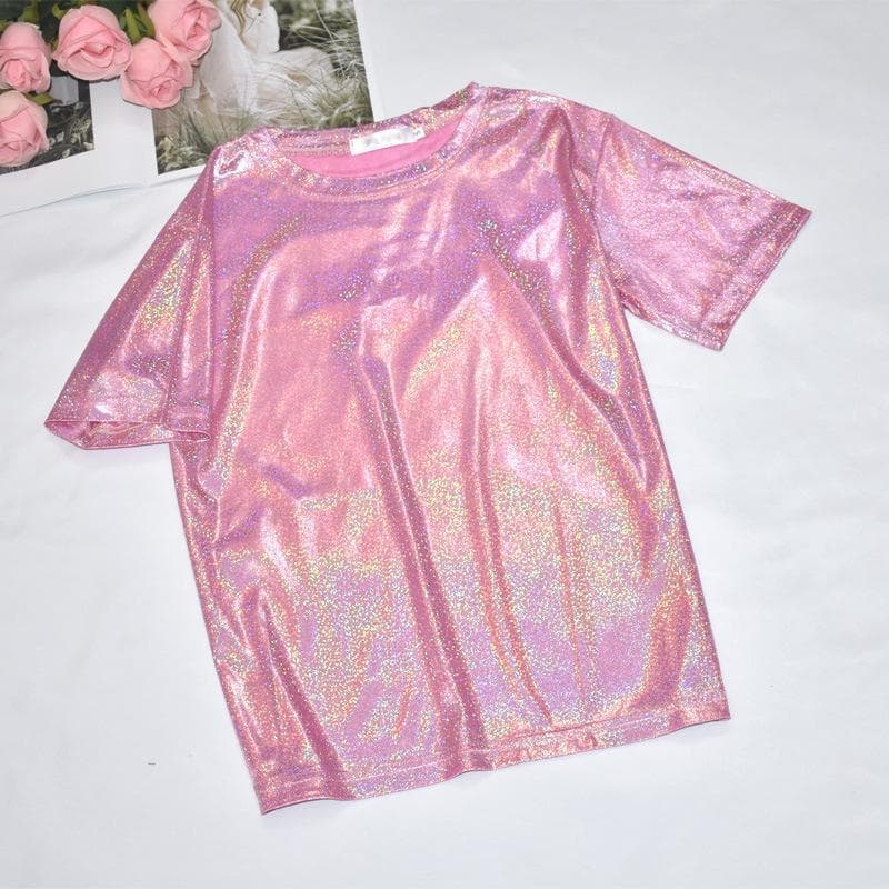 Korean Glitter Silk Loose Fit T-Shirt - Trendy Large Size Short-Sleeve Top for Women and Students XL pink