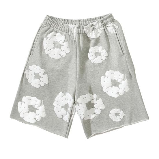 Summer Men Shorts Flower Print Drawstring Elastic Waist Loose Pockets Pleated Vacation Beach Sport Casual Homewear Short Pants L grey