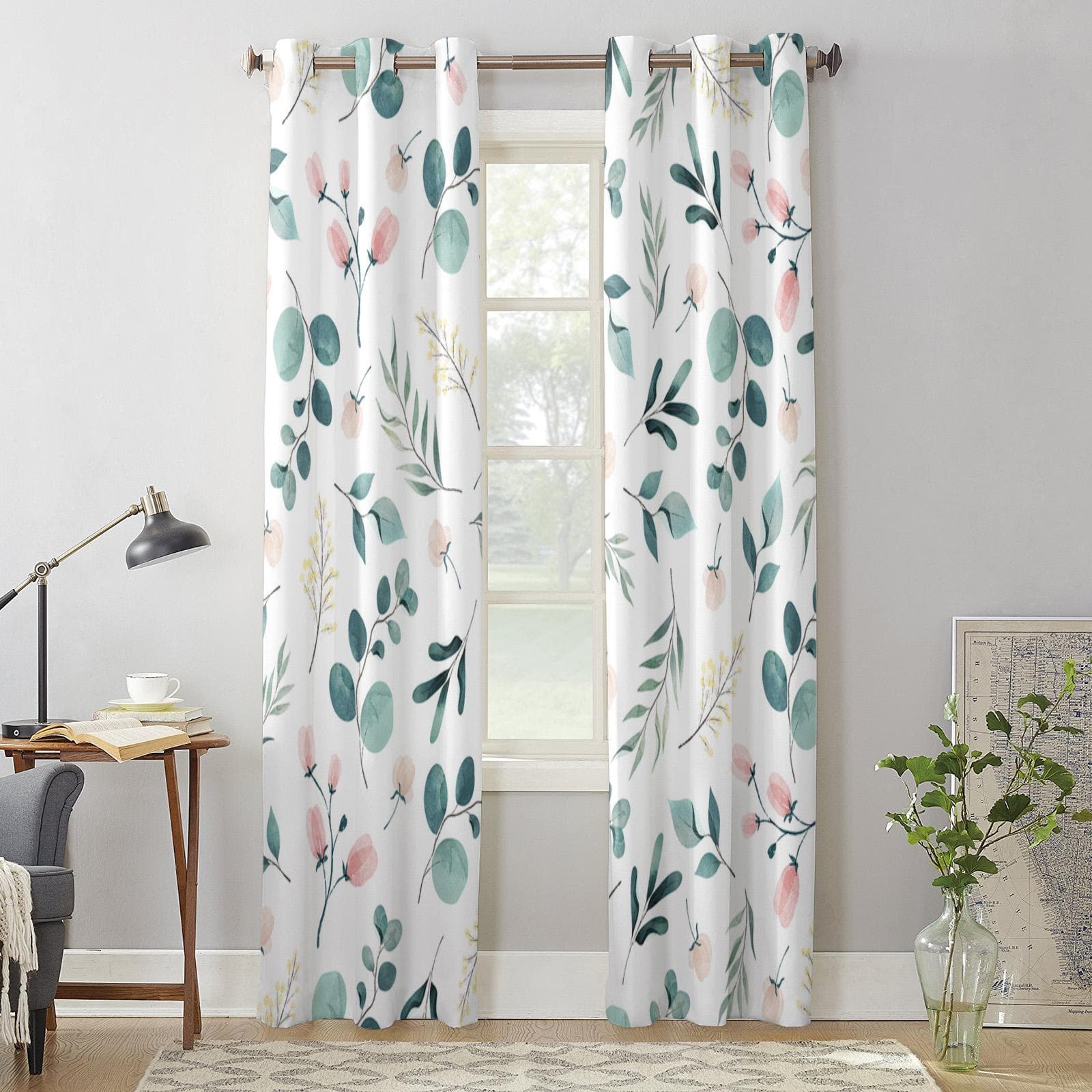 Plants Green Leaves Watercolor Window Curtains for Living Room Bedroom Curtain Modern Kitchen Blinds Drapes Curtains 135W x 60H(cm) x1