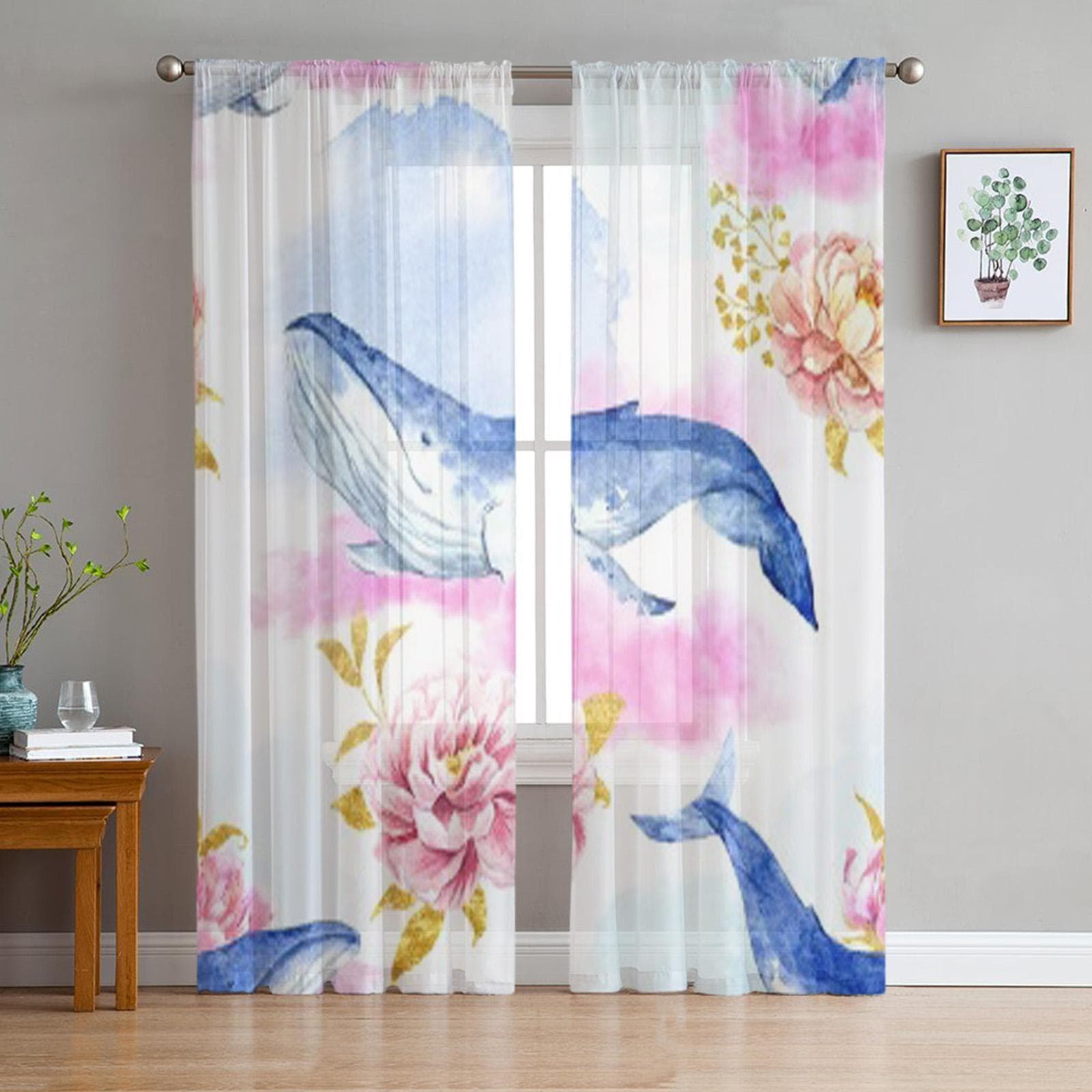 Abstract Pattern With Whales Flower Tulle Sheer Curtains for Living Room Bedroom Kitchen Decoration Voile Organza Curtains 135W x 114H(cm)