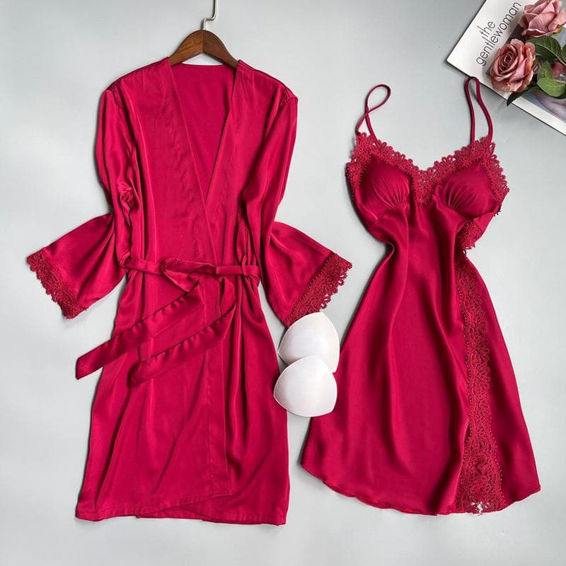 Women's 2PCS Robe Set Nightgown Embroider Lace Wedding Bathrobe Gown Sexy Satin Sleepwear Summer Home Wear Nightdress Lingerie M