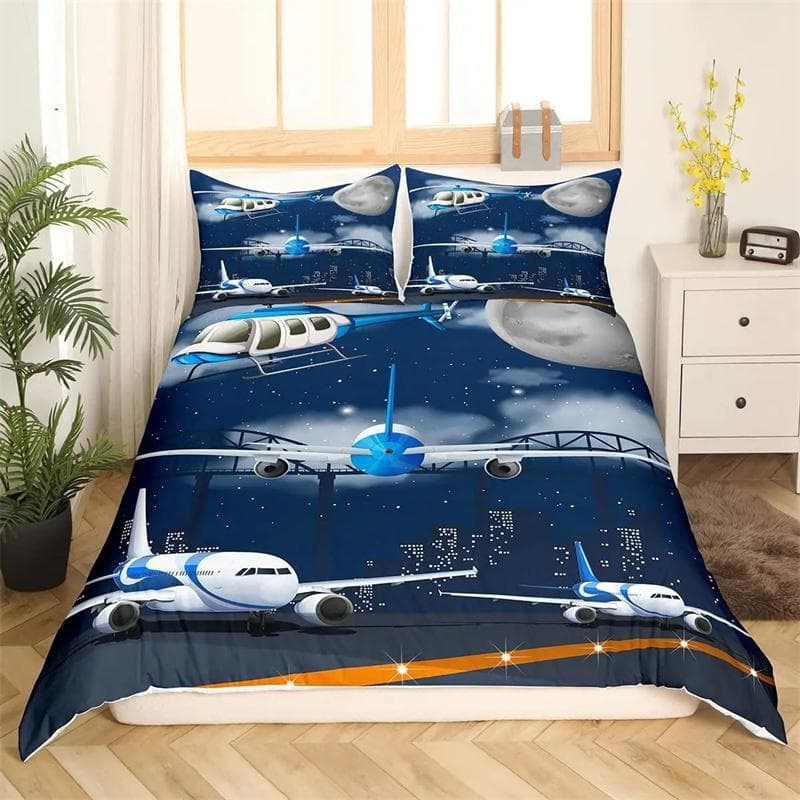Airplane Duvet Cover Planes Fying In Air Aviation Airport Helicopters and Jets Cartoon Style Room Decorative for Boys Girls Gift 135x200cm 2pcs