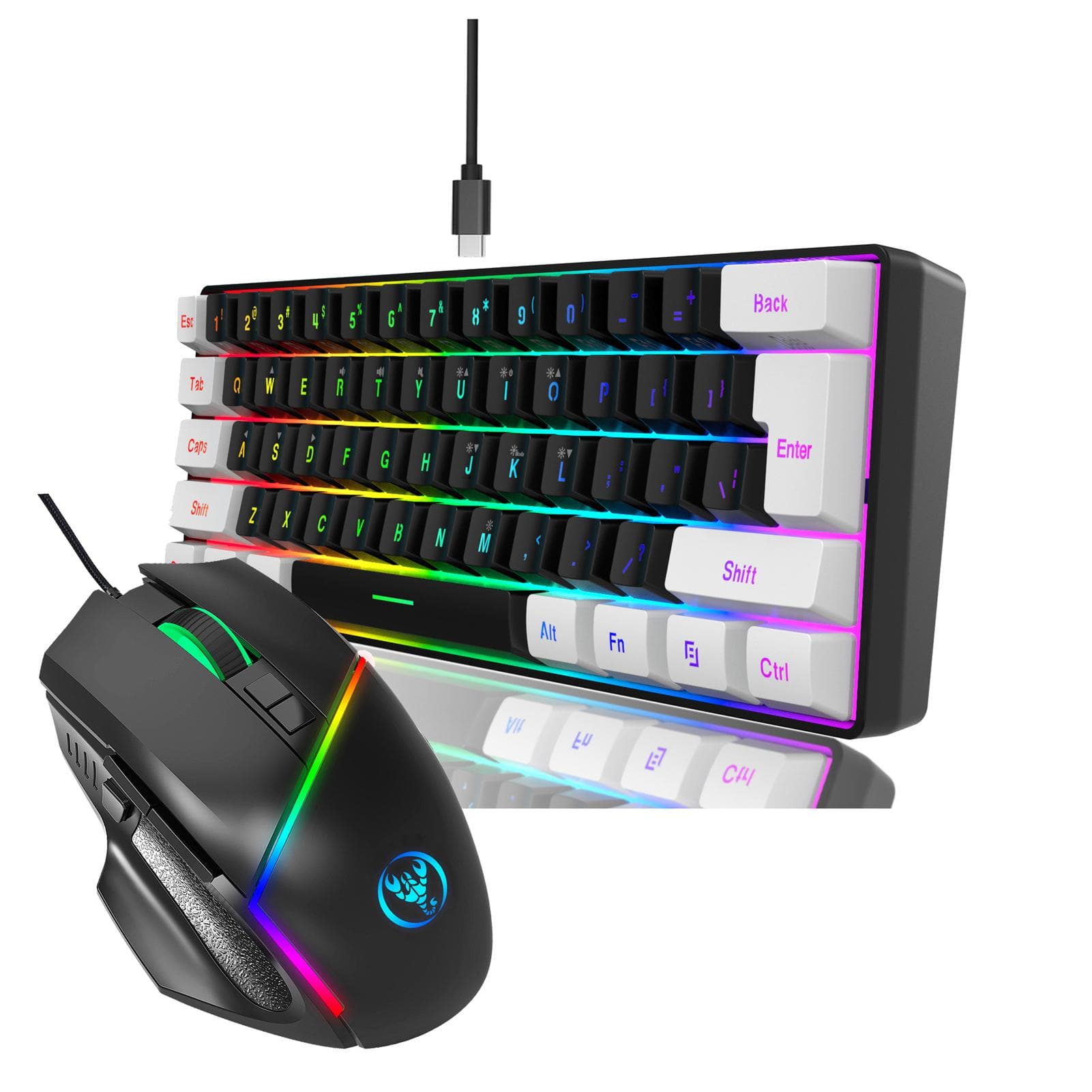 Wired Keyboard Mouse Set 61 Key Colourful Backlit Membrane Keyboard 12800 High Movement Speed black