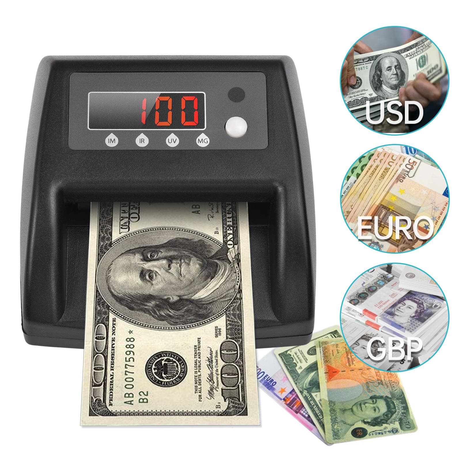 Mini UV Counterfeit Bill Detector EUROUSDGBP Money Counter Automatic Money Detection By UV MG IR US Plug black