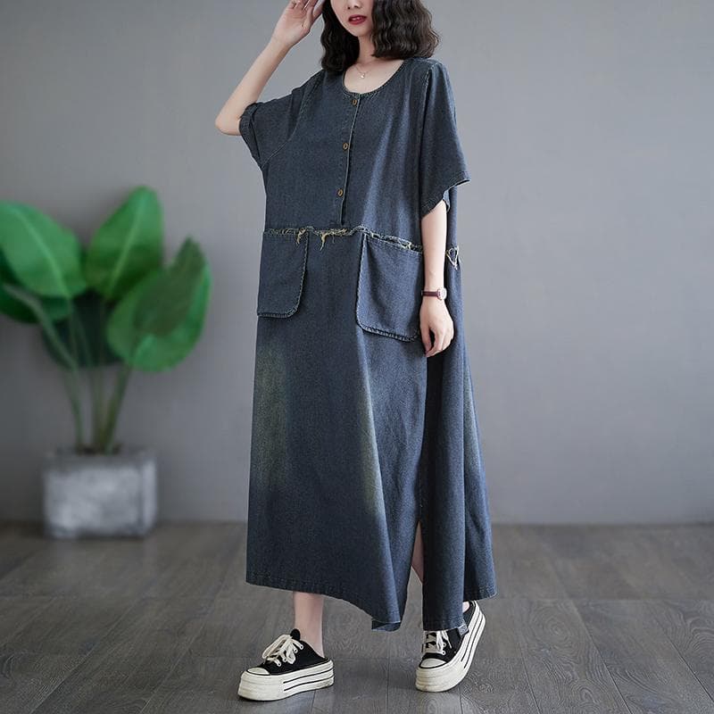 DIMANAF Plus Size 2024 Spring Women Denim Dress Cotton Casual Vintage Long Sleeve Loose Oversized Dress Pockets L blue