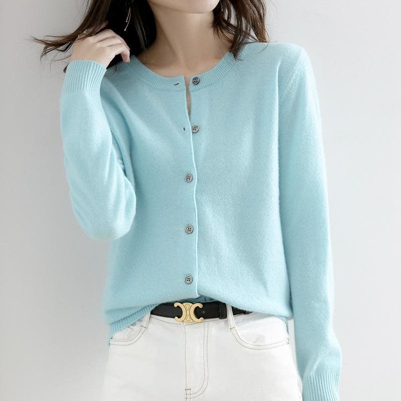Spring and Autumn knitted sweater women's cardigan jacket solid color round neck Slim knitted outer sweater M light blue