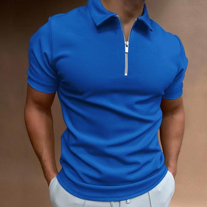 Men's Summer Short Sleeve T Shirts Solid Zipper Lapel Collar T Shirt Fashion Men Tees White Black Blue Plus Size Tops 4XL blue