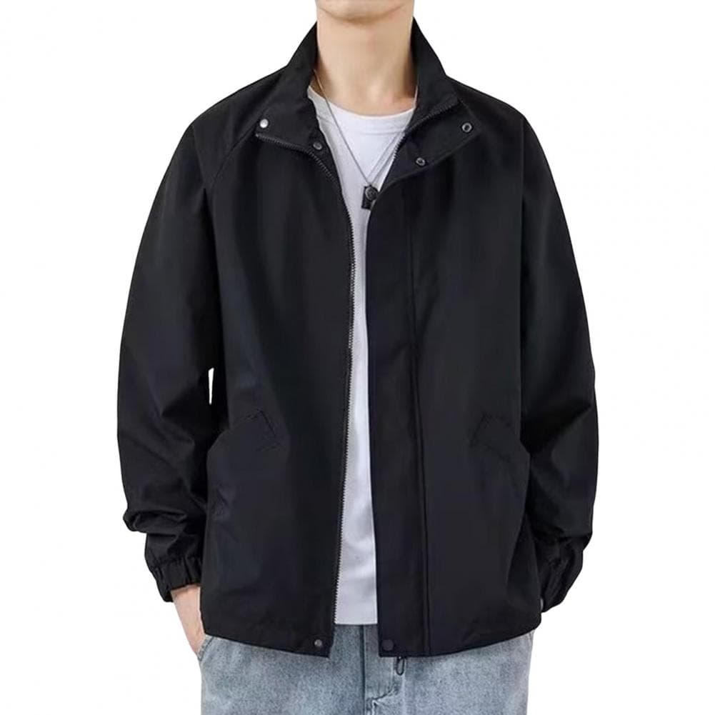 Men Coat Lapel Long Sleeve Zipper Placket Jacket Coat with Pockets Regular Style Jacket Casual Streetwear M black