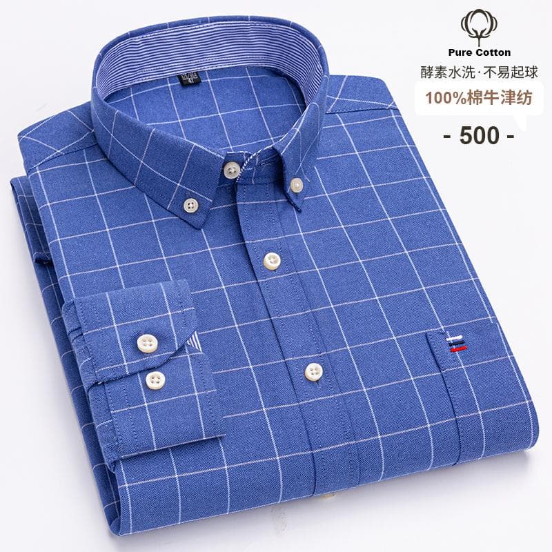 100% Cotton Oxford Men's Shirts Long Sleeves Plaid Soft Regular Fit Formal Dress Shirt Pocket Social Blouse Male Clothes S-7XL S