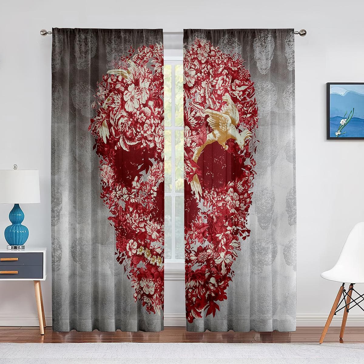 Skull Floral Skeleton Colorful Flowers Sheer Voile Curtain for Living Room Bedroom Drape Kitchen Window Chiffon Tulle Curtain 1 PCS W100XH250cm&Grommet Top