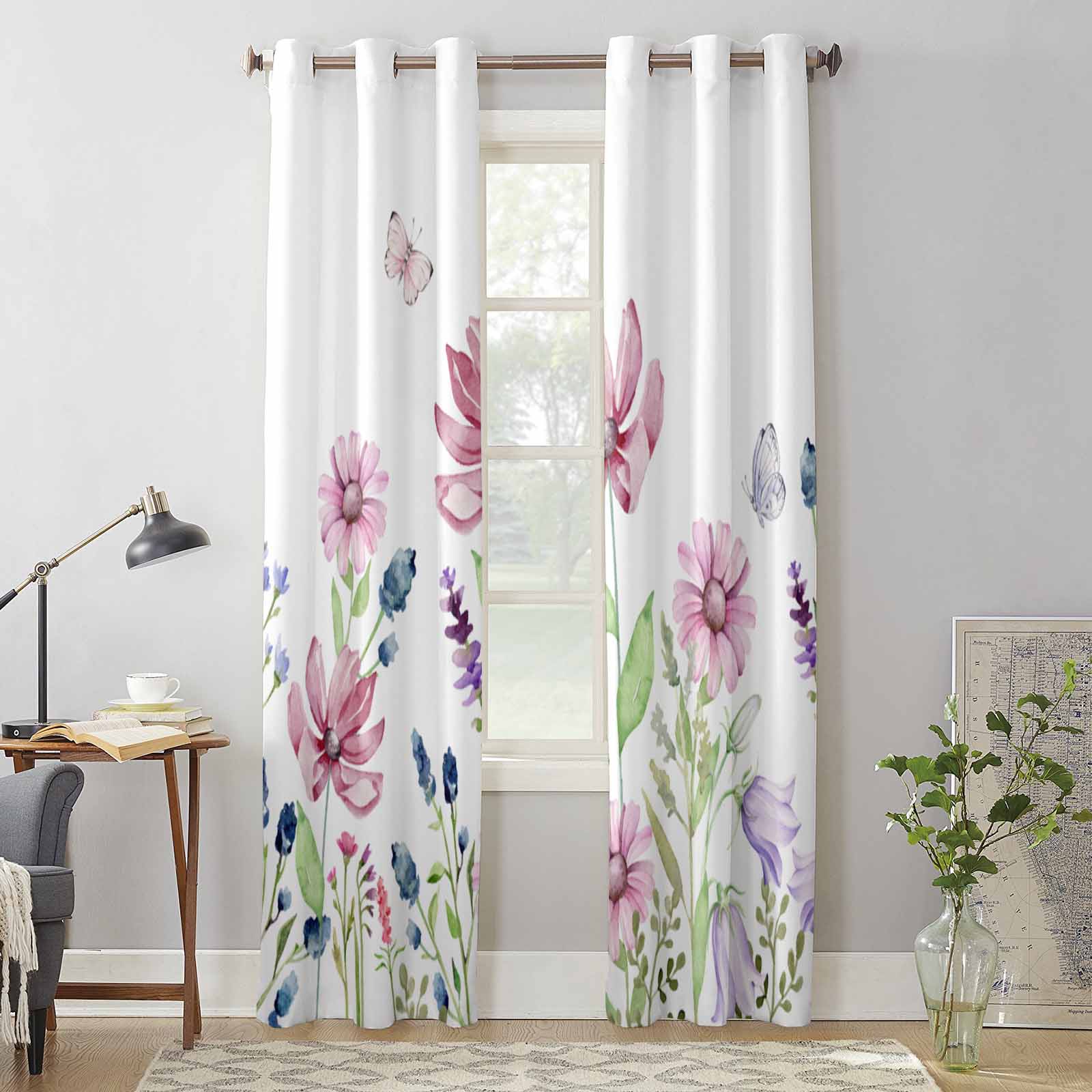 Summer Plants Flowers Butterflies Window Curtains for Living Room Bedroom Curtain Modern Kitchen Blinds Drapes Curtains 135W x 60H(cm) x1