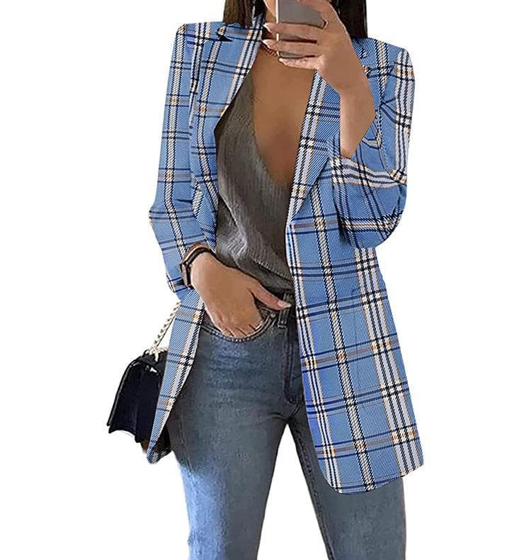 Women's Spring and Autumn Checkered Casual Blazer Slim Lapel Commuter Jacket XL blue
