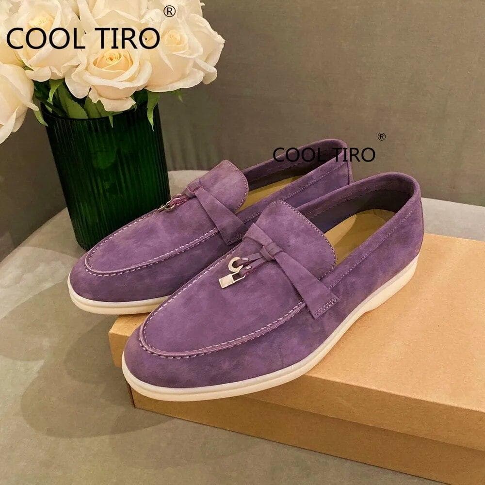 Woman Flat Shoes Slip On Women Loafers Leather Metal Lock Blue Suede Moccasins Mules Casual Driving Shoe Summer Walk Shoes Femme 39