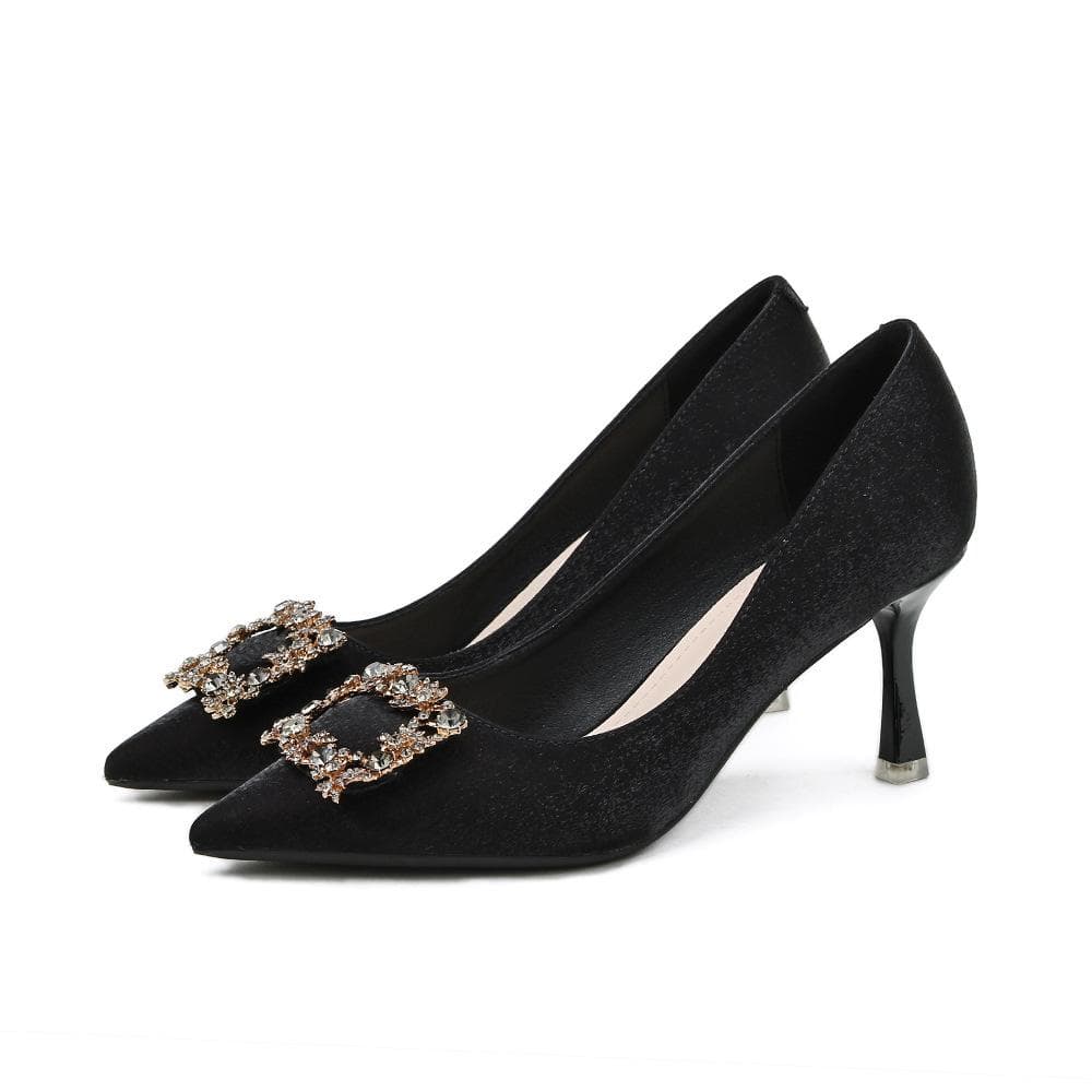 New Pointed Stiletto Heel Low-Cut Rhinestone Square Buckle Red Wedding Shoes Nude Color Banquet High Heels 38 black