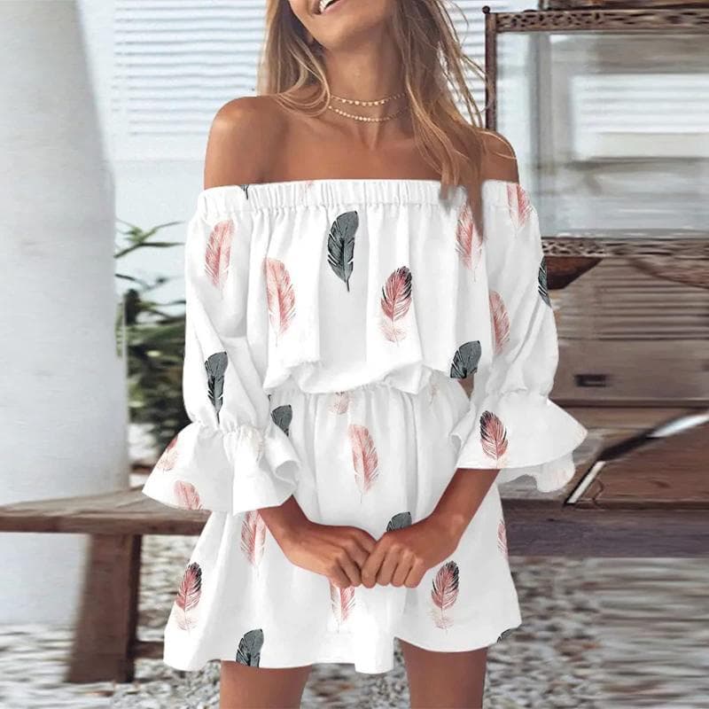 Women Floral Print Mini Dresses Summer Sexy Off Shoulder Flare Sleeve Tunic Dress Female Casual Boho Beach Dress M white