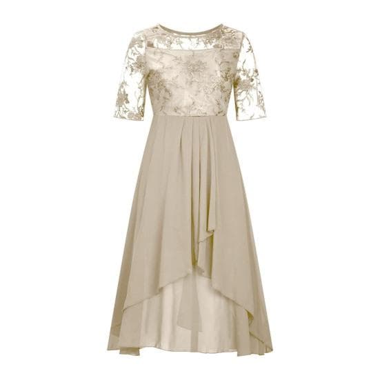 Women's Floral Lace Midi Dress Summer Crewneck Chiffon Swing Dress Cocktail Evening Long Dress for Wedding Guest Bridesmaid Party XL golden