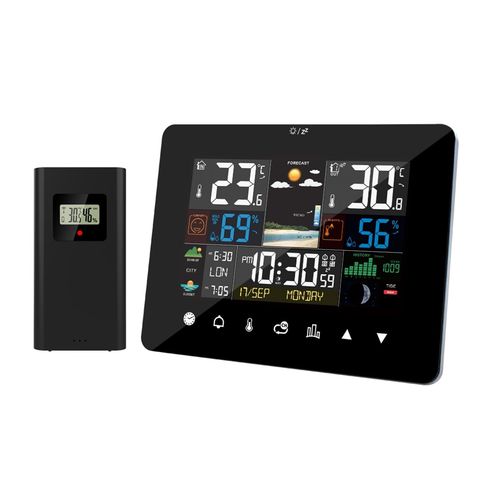 Sunrise and Sunset Weather Station Multi-function Alarm Clock Thermometer Hygrometer Touch Screen black