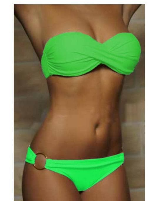 Trendy European & American Sexy Split Solid Color Bikini with Double Ring Accent Large green