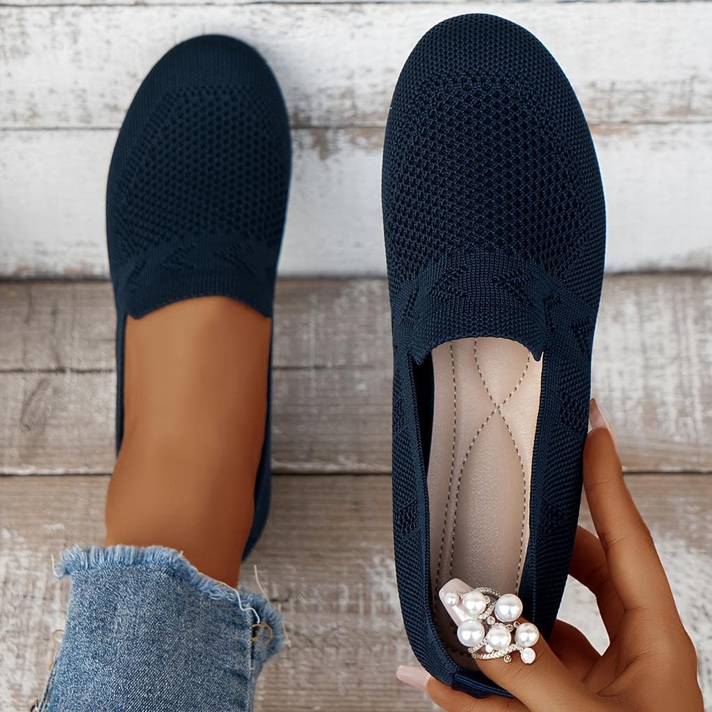 NEW Women's Flat Round Toe Knitted Shoes, Women's Solid Color Slip on Walking Mesh Shoes, Breathable Daily Ladies Shoes Footwear 39 navy blue