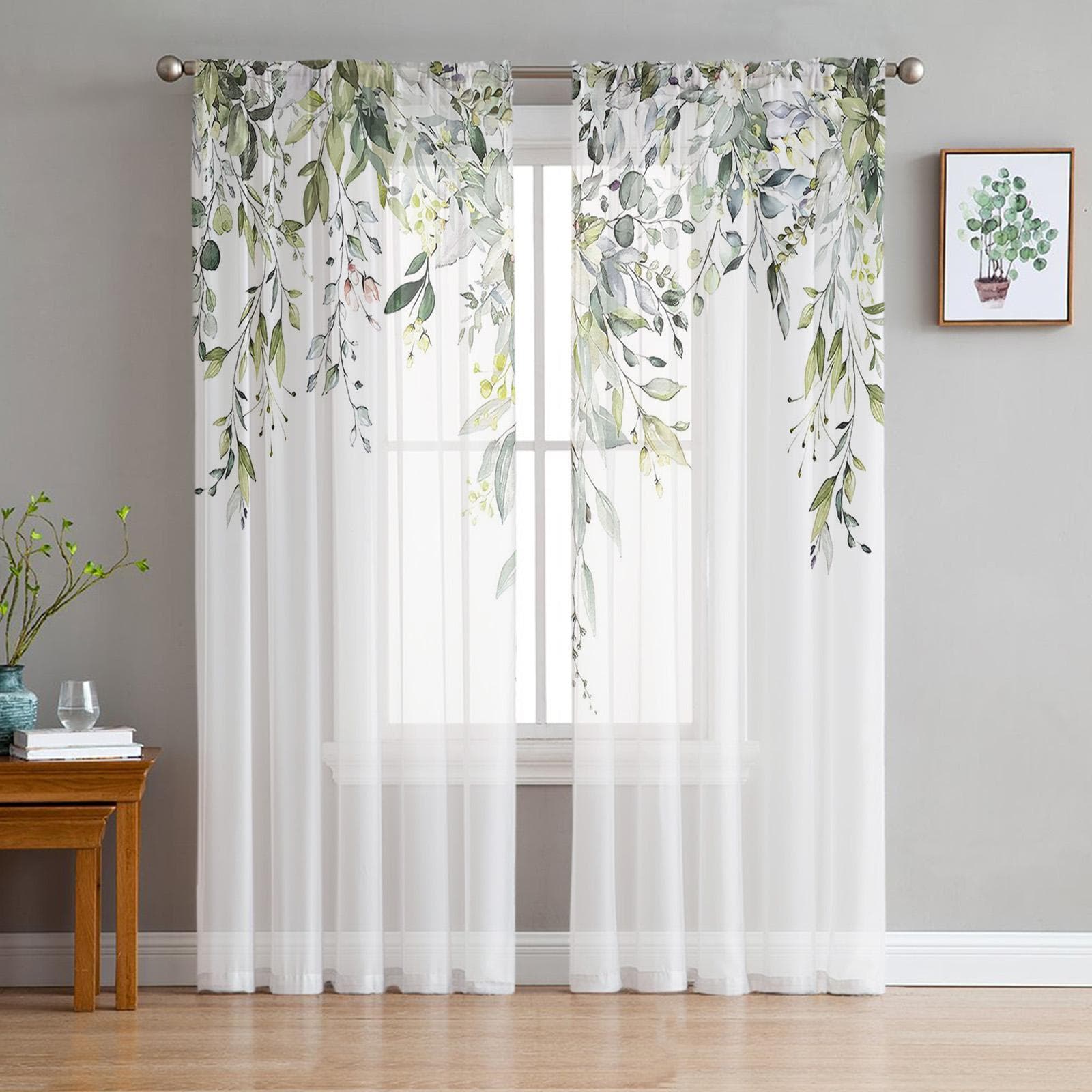 Flower Watercolor Leaf Bud Window Curtains For Living Room Bedroom Kitchen Chiffon Sheer Window Treatment 135W x 114H(cm)