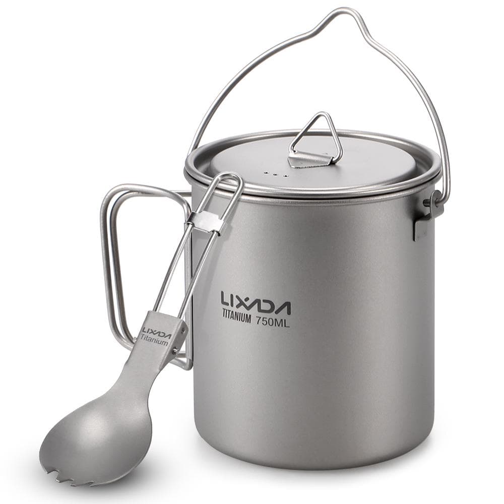 Lixada 750ml/900ml/1100ml Lightweight Titanium Pot with Folding Spork for Outdoor Camping Hiking 750ml pot & spork