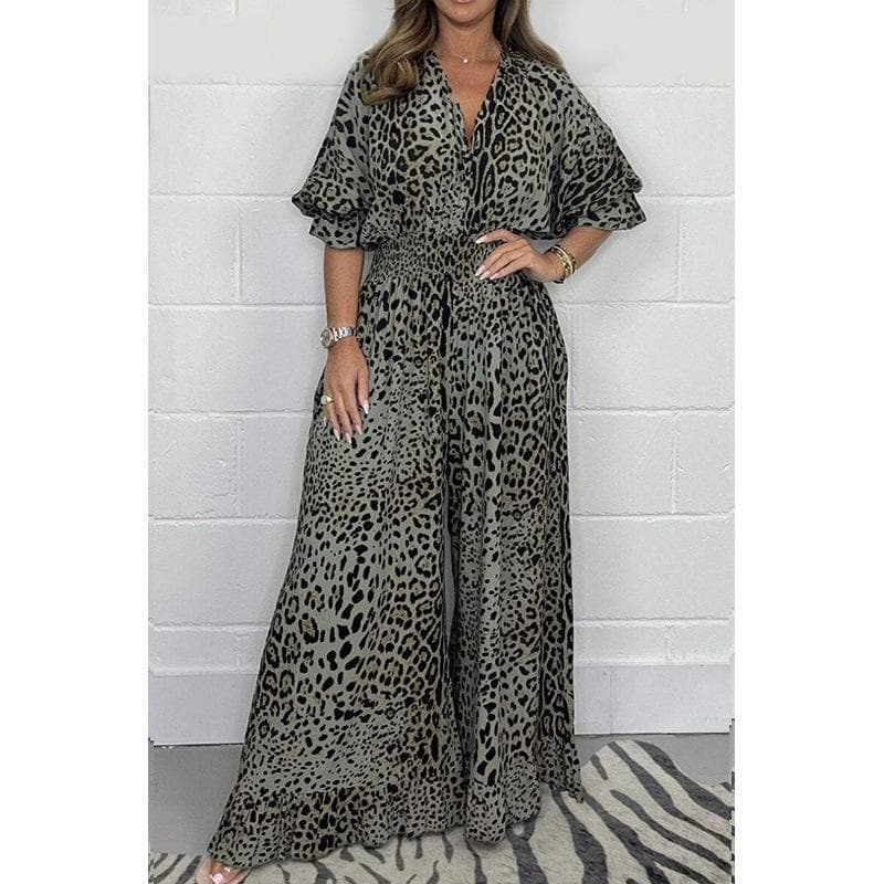 Women's Fashion Leopard Print Casual Wide Leg Jumpsuits & Rompers Women’s 5XL green