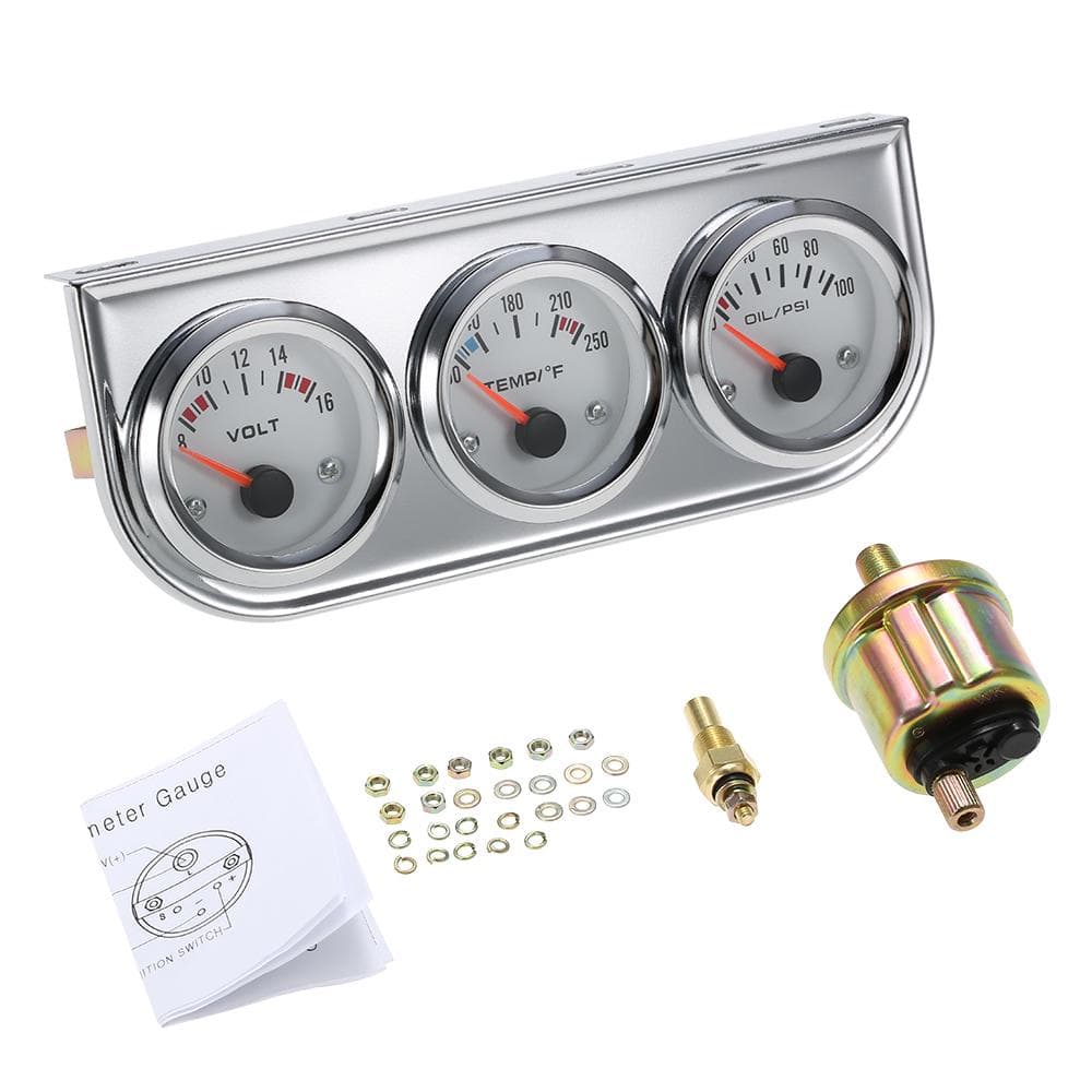 52MM Oil Pressure Fahrenheit Water Temperature Gauge Voltmeter Chrome 3 in 1 Gauge Kit Car 2-T multicolour