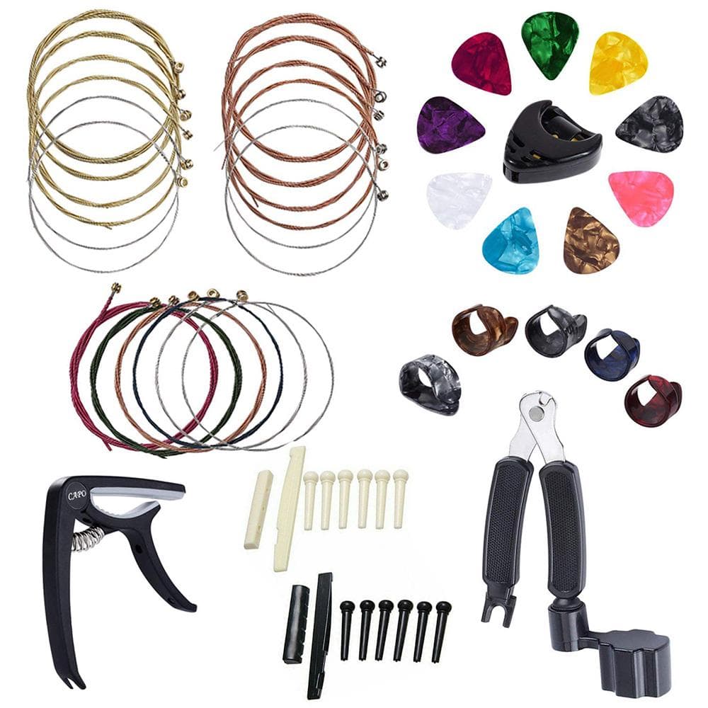 34Pcs Guitar Accessory Kit Guitar Picks Capo Acoustic Guitar Strings Bridge Pins Bone Strings 1 kit