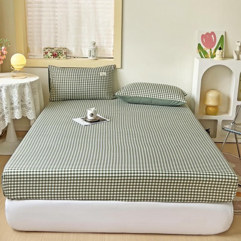 1Pc Green Bed Sheet With Elastic Striped Fitted Sheet Skin-Friendly Brushed Bed Cover Queen/King Size 90x200x25cm 1pc