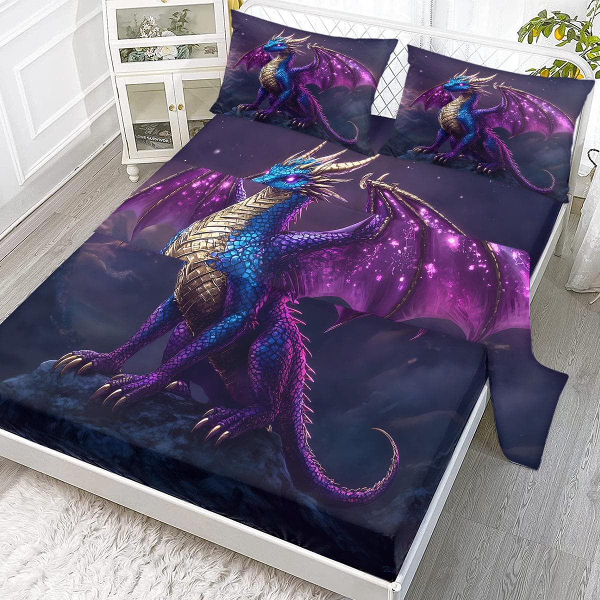 The Four-Piece Set Of Purple Dragon'S Peak, A Majestic Spreading-Winged Dragon, Suitable For The Bedroom (Festival, Traditional) 99cmx199cm