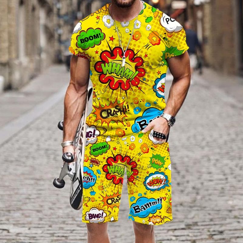 Summer Men's T-Shirt Set Hip Hop Funny Short Sleeve T-Shirt Shorts 2-piece Tracksuit Colorful Casual Sports Suit Unisex Clothing XXL
