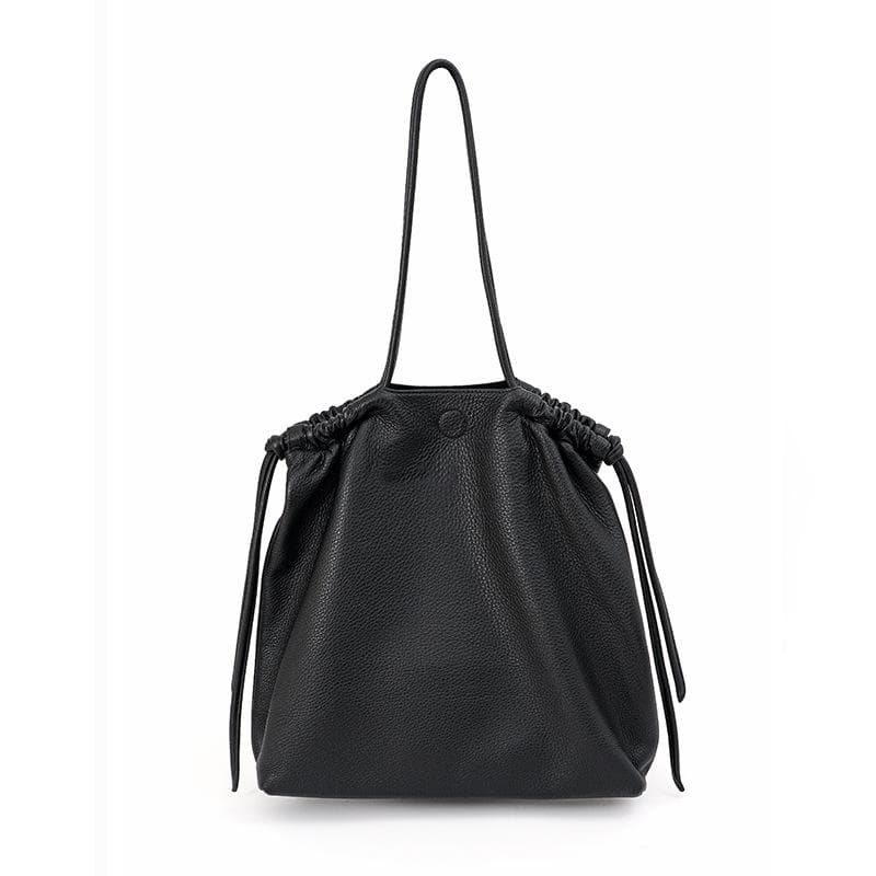 Lazy Style Single-shoulder Bag, Niche Design, Versatile Commuting Leather Women's Bag, Large-capacity Retro Drawstring Tote Bag black