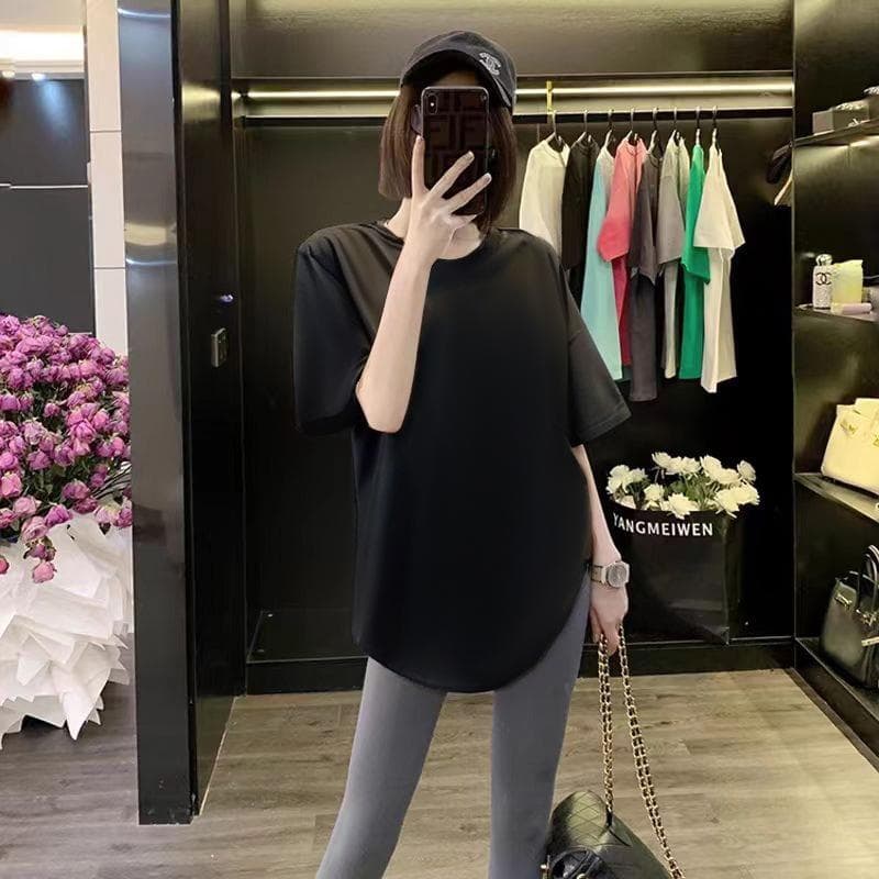 Summer White Short-sleeved T-shirt for Women's Pure Cotton New Curved Hem Mid-length Butt Top XXL