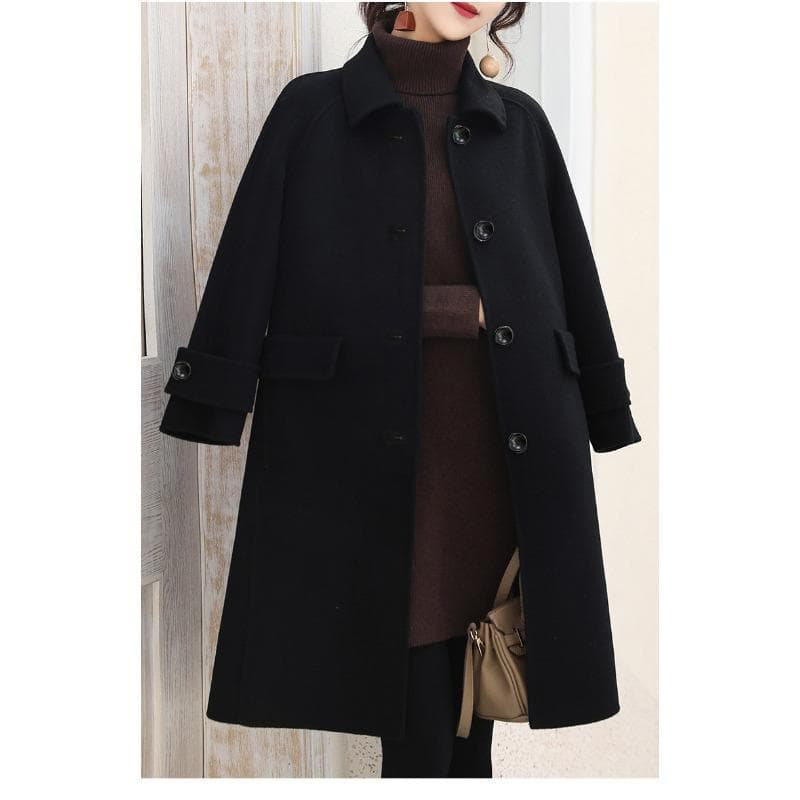 New Autumn and Winter Style Herringbone Straight Coat with Temperament Casual Mid-length Lapel Woolen Jacket S