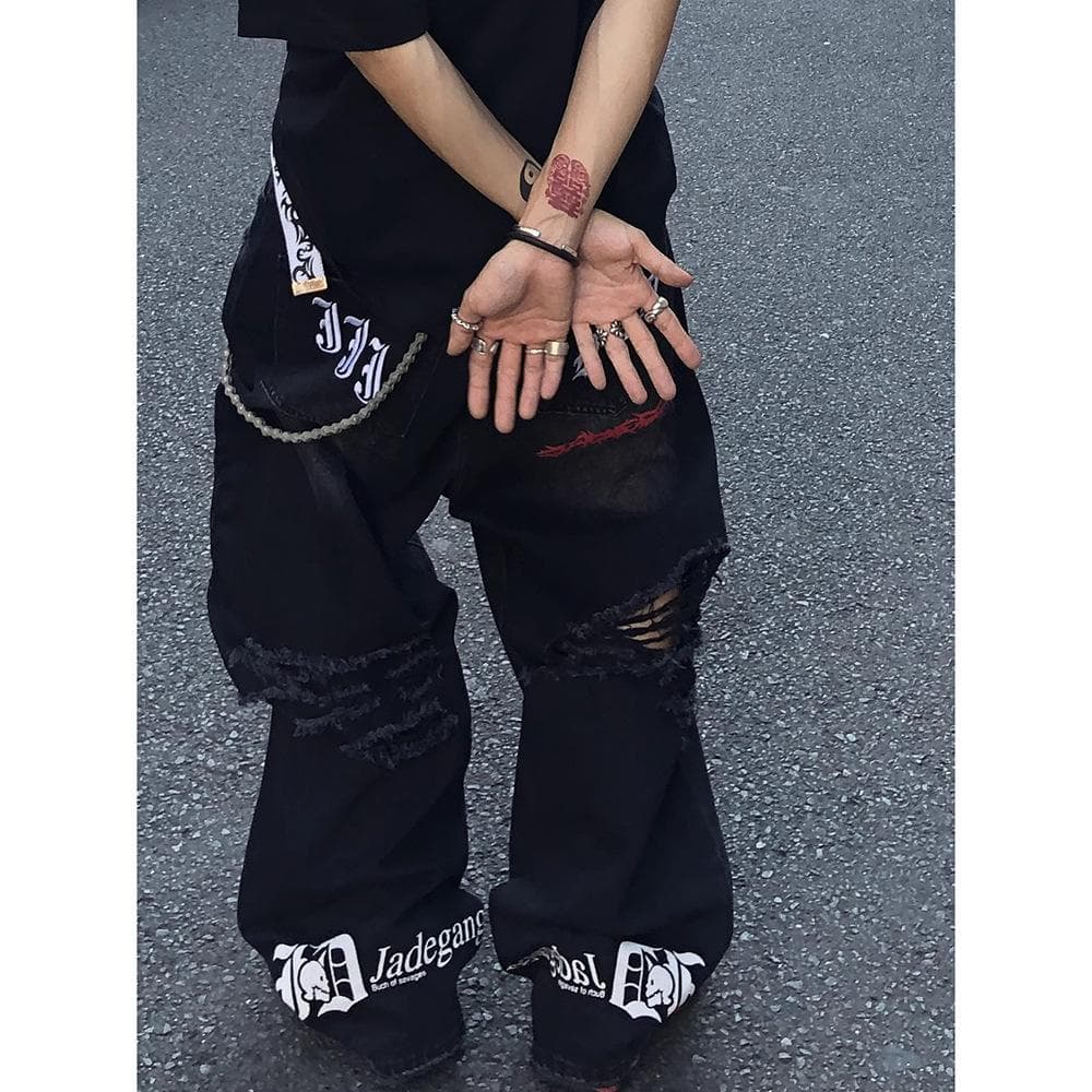 Washed and Old, Damaged, Black Embroidery, Ripped and Wide Jeans, New Trendy Long Pants In Spring and Autumn 3XL black