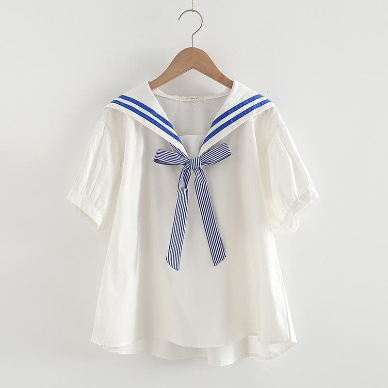 Summer Women Sailor Collar Shirts Pullover Short Sleeve Loose Blouses White Lady Tops one size