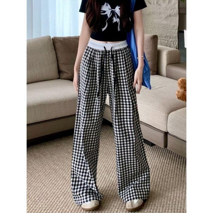 Plaid Casual Pants Women's Summer New Loose Straight Drape Floor Wide-leg Trousers XL