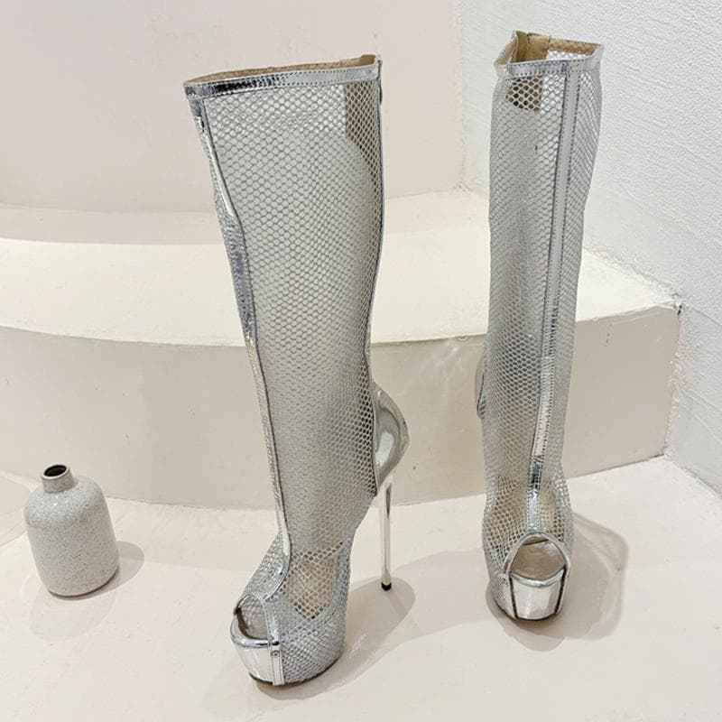 Liyke Sexy Peep Toe Gold Heels Stripper Pole Dance Platform Boots For Women Zip Fashion Mesh Knee High Shoes Female Botas Mujer 35 silver