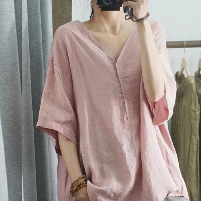 New Summer Style Half-sleeved Casual Loose Large Size Meat-covering Comfortable V-neck Top Short-sleeved T-shirt Solid Color Women's Clothing 3XL pink