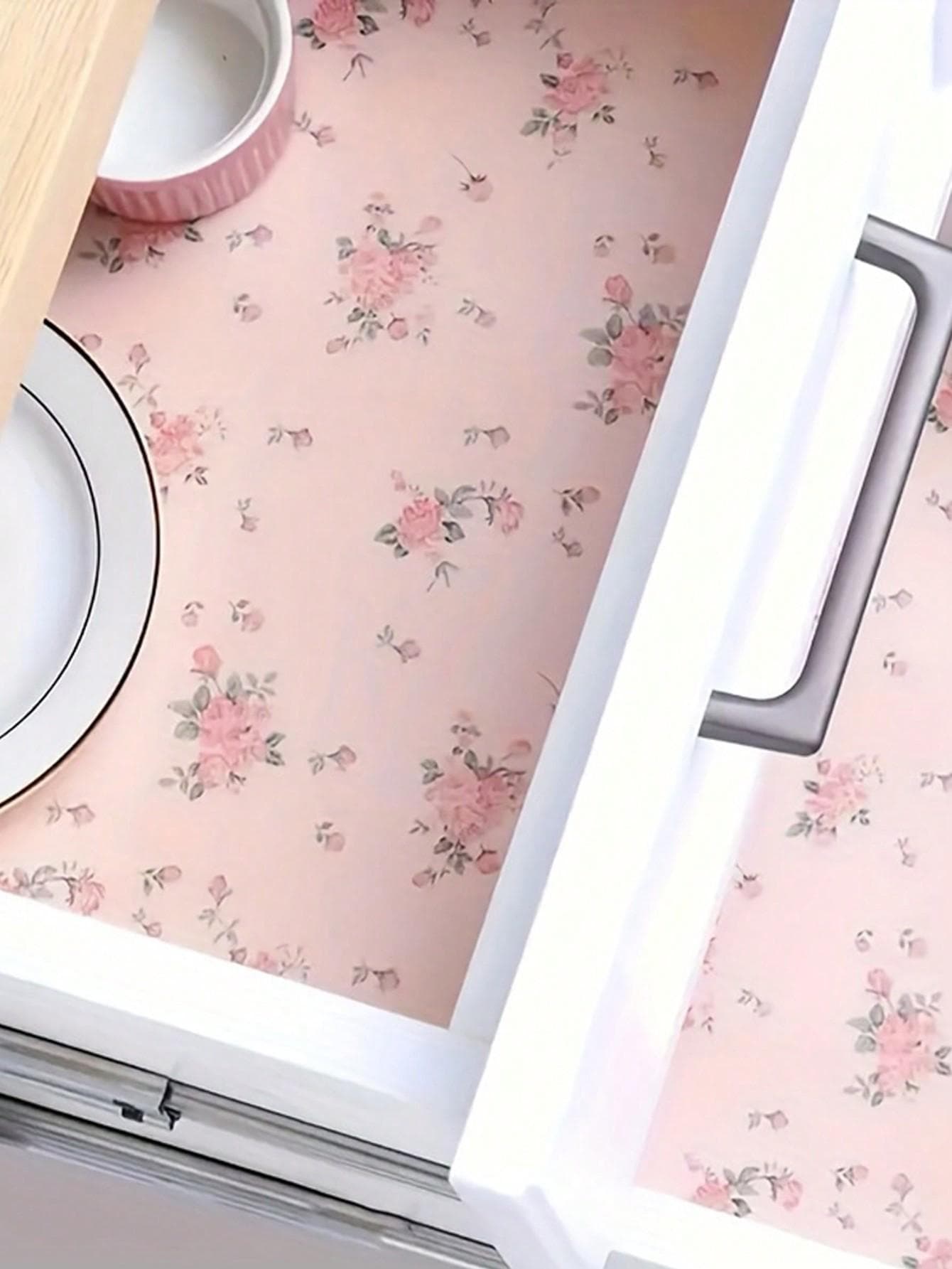 1 Roll Non-Slip Pad, Waterproof Cabinet Liner, Non-Adhesive Japanese Style Pink Rose Print Drawer Mat 1 Roll (78.7*11.8in) pink