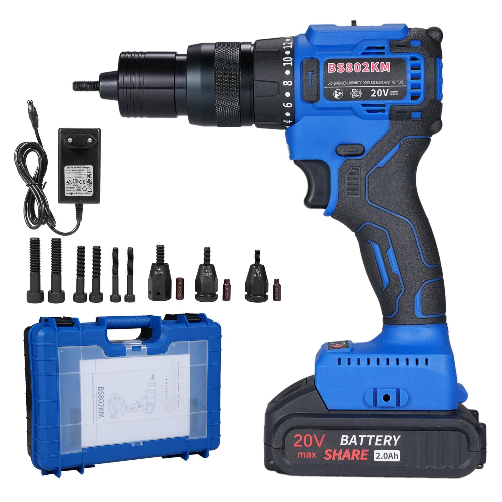 20V Cordless Rivet Machine with 2.0Ah Battery, 2-in-1 Electric Rivet Nut Kit with Memory Mode and blue