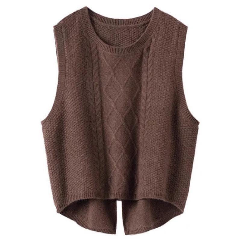 Women's Pure Woolen Round Neck Vest Chic Tuxedo Vest Autumn and Winter Sleeveless Vest Loose Short Split Knit Sweater S coffee