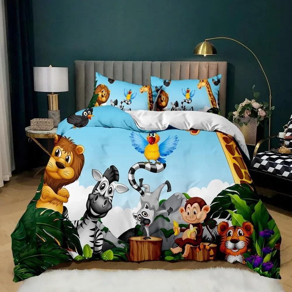Elephant Comforter Cover Cute Cartoon Animal Paradise Bedding Set for Boys Girls Kids 3D Animal World Theme Queen Duvet Cover EU Single 135x200cm