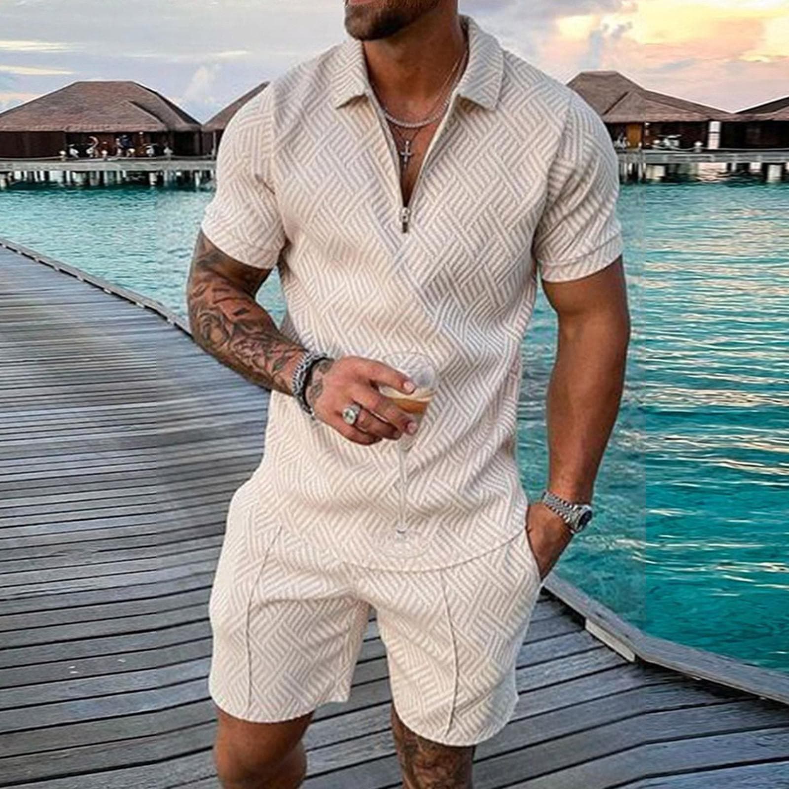 Men's Short Sets Outfits 2 Piece Summer Tracksuit Short Sleeve Shirt And Shorts Set Casual Sport Suit S beige