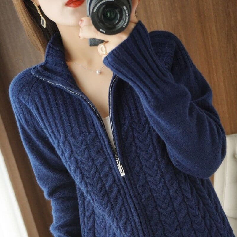 Cardigan Zipper Jacket Women's New Temperament Warm Long Sleeve Loose Sweater Autumn and Winter XL dark blue