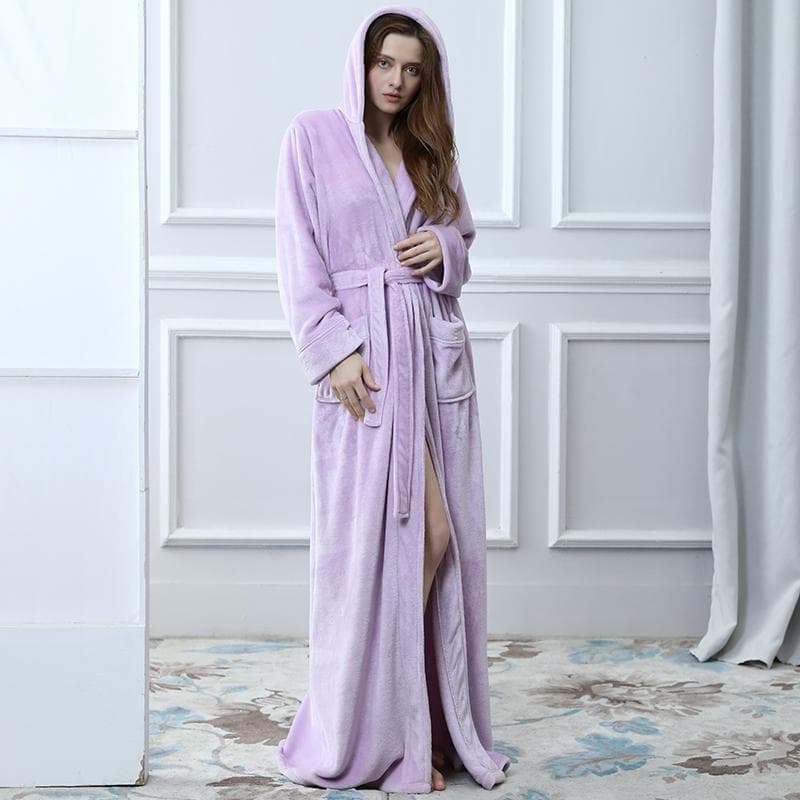 Lovers Extra Long Hooded Warm Flannel Bathrobe Winter Women Men Plus Size Thick Coral Fleece Bath Robe Bride Cozy Dressing Gown M