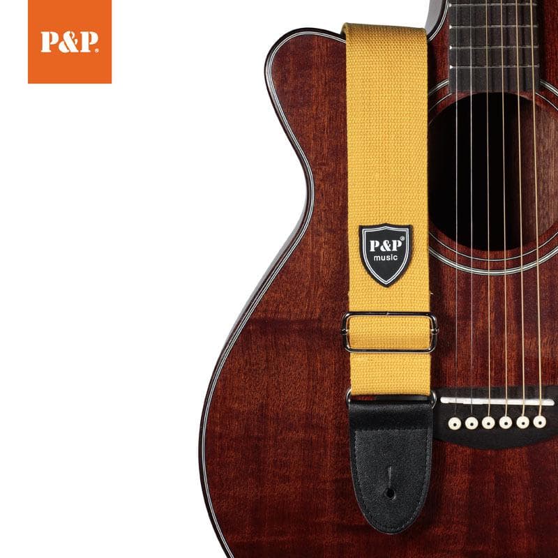 Pure Cotton Adjustable Colorful Acoustic Guitar Strap with Leather Head 7 Colors Optional yellow